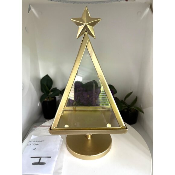 Gold Metal Christmas Tree Display Stand/Candle Holder With Star & Glass Panels - Picture 1 of 7